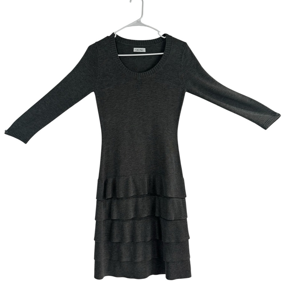 Calvin Klein Gray Tiered Knit Sweater Dress – Minimalist Chic Layered Hem - Picture 9 of 12